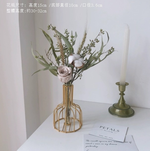 新款風幹花裝飾擺件（金色鐵藝花瓶 奶茶米果葉）