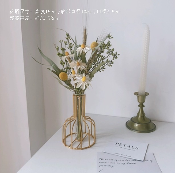 新款風幹花裝飾擺件（金色鐵藝花瓶 小濱菊尤加利）
