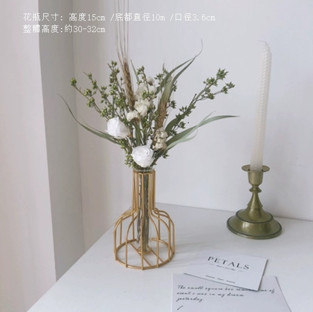 新款風幹花裝飾擺件（金色鐵藝花瓶 雪山白勿）