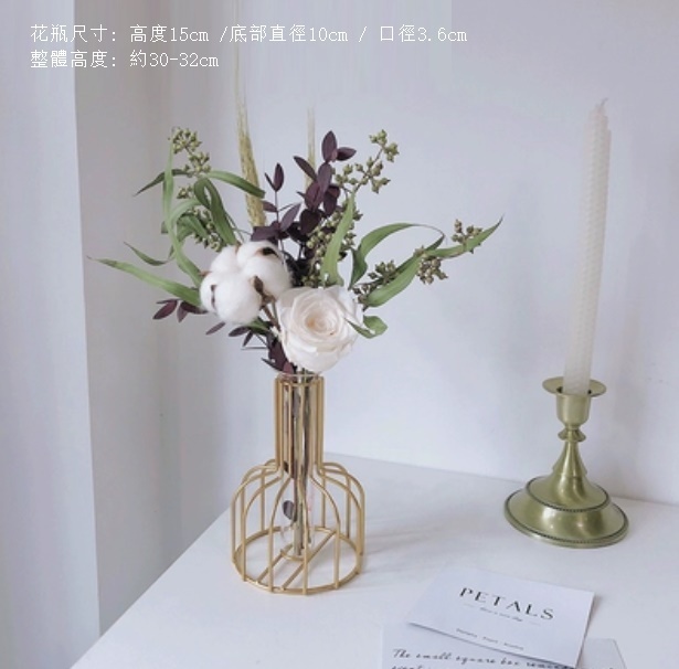 新款風幹花裝飾擺件（金色鐵藝花瓶 紅葉山茶）