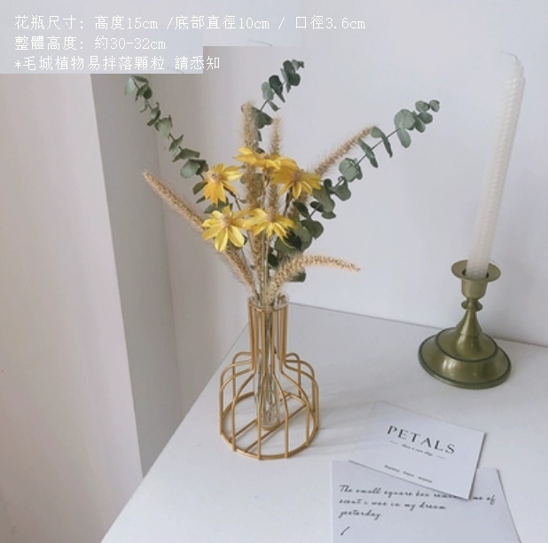新款風幹花裝飾擺件（金色鐵藝花瓶 黃梨熊尾）