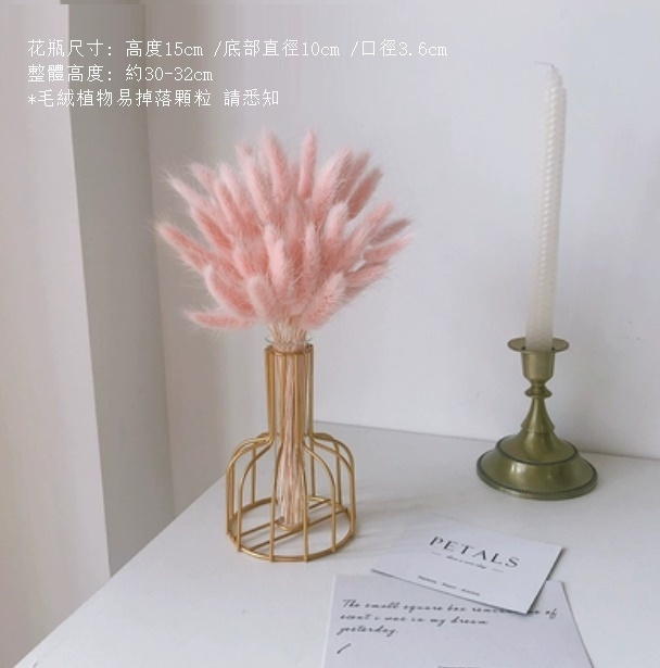 新款風幹花裝飾擺件（金色鐵藝花瓶 人氣粉兔）