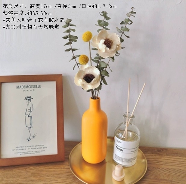 新款莫蘭迪陶瓷小花瓶幹花（莫蘭迪黃瓶 白美人尤加利）