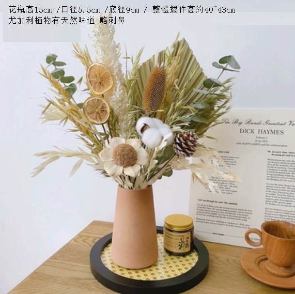 新款幹花花束真花（磨砂棕色花瓶 檸葉蒲扇）