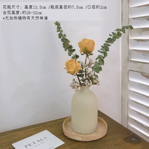 新款永生花客廳擺設真花風幹（粗陶花瓶 烏桕黃玫尤加利）