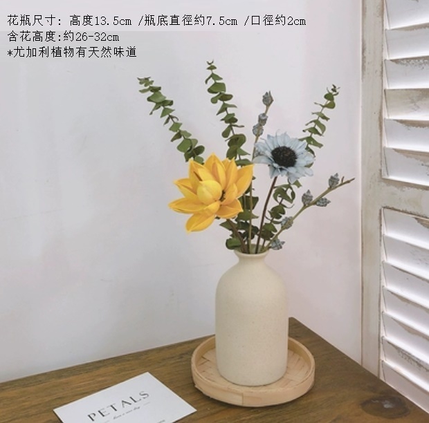 新款永生花客廳擺設真花風幹（粗陶花瓶 木蓮藍菊尤加利）