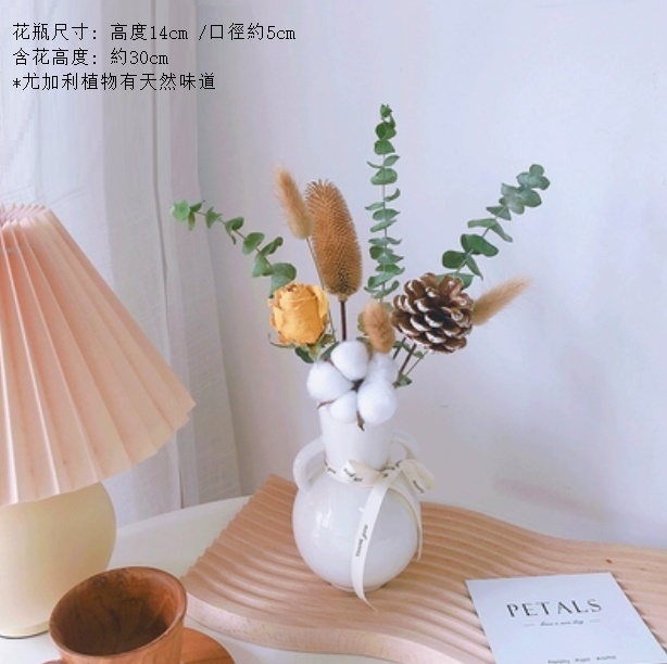 新款滿天星幹花花束（雙耳花瓶 拉毛果尤加利）
