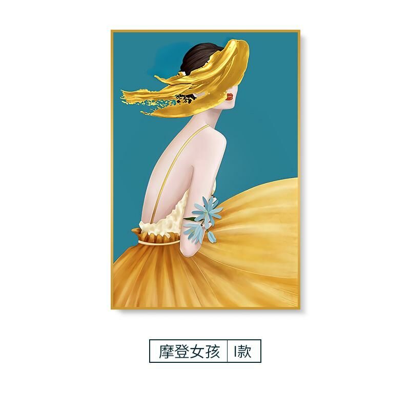 新款現代輕奢壁畫裝飾牆畫(70*100cm 摩登女孩I款 鋁合金拉絲外框【富貴金】)