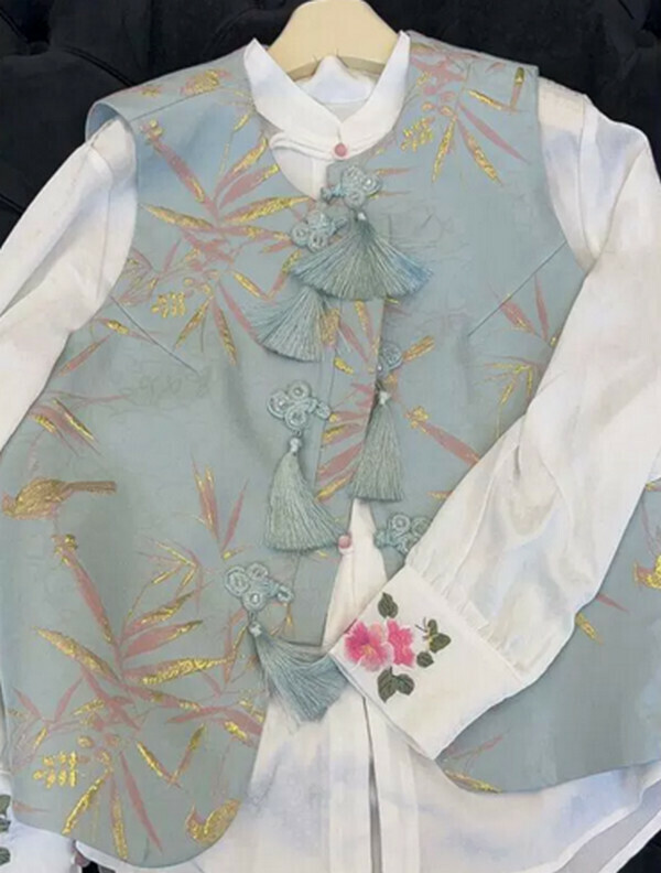 Women's Wear-Chinese Retro Buckle Vest #Single Piece (Blue) (M-4XL) (Contact customer service to confirm size after placing an order) 