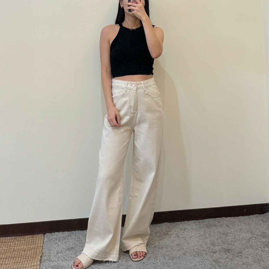 高腰杏色牛仔寬褲（現貨）