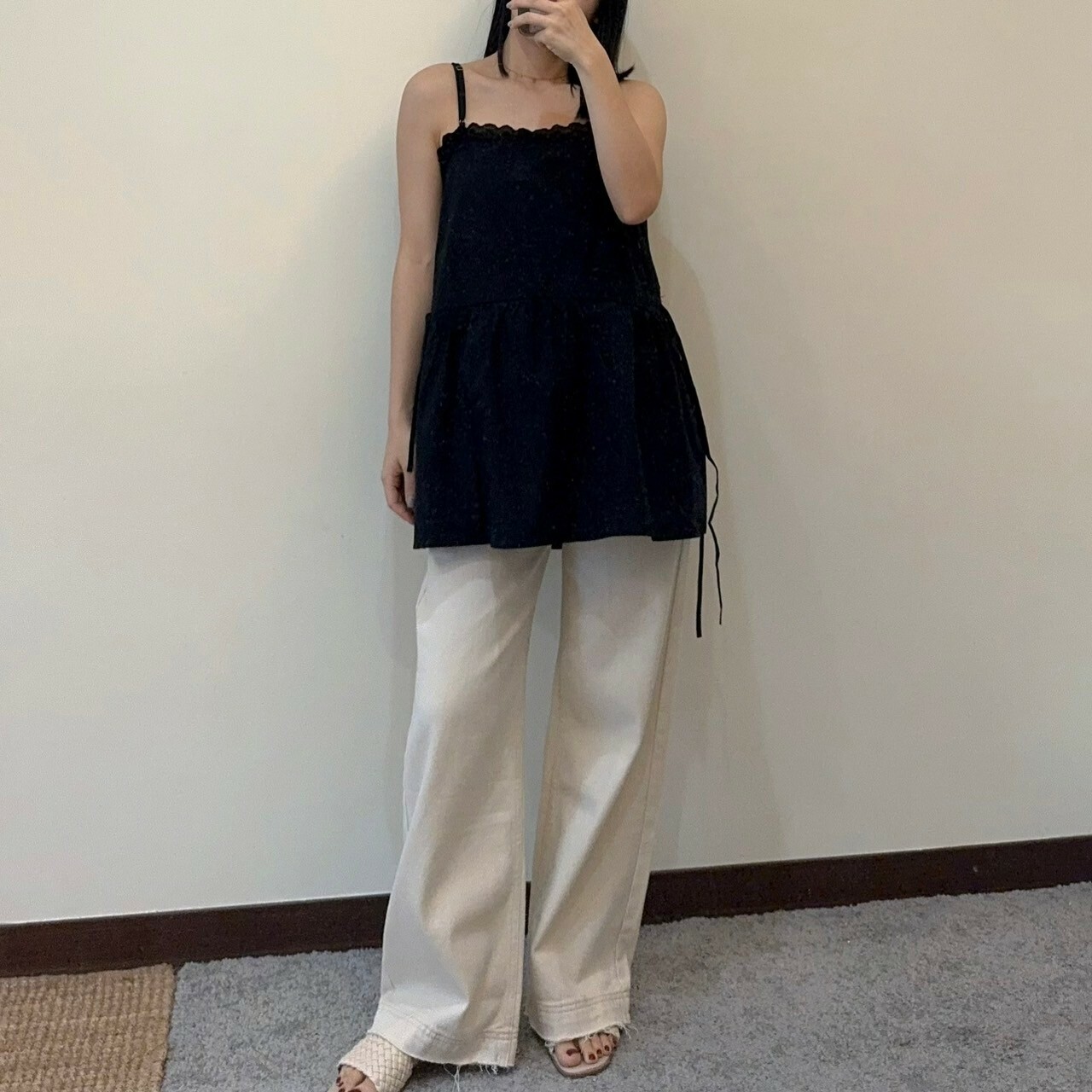 高腰杏色牛仔寬褲（現貨）