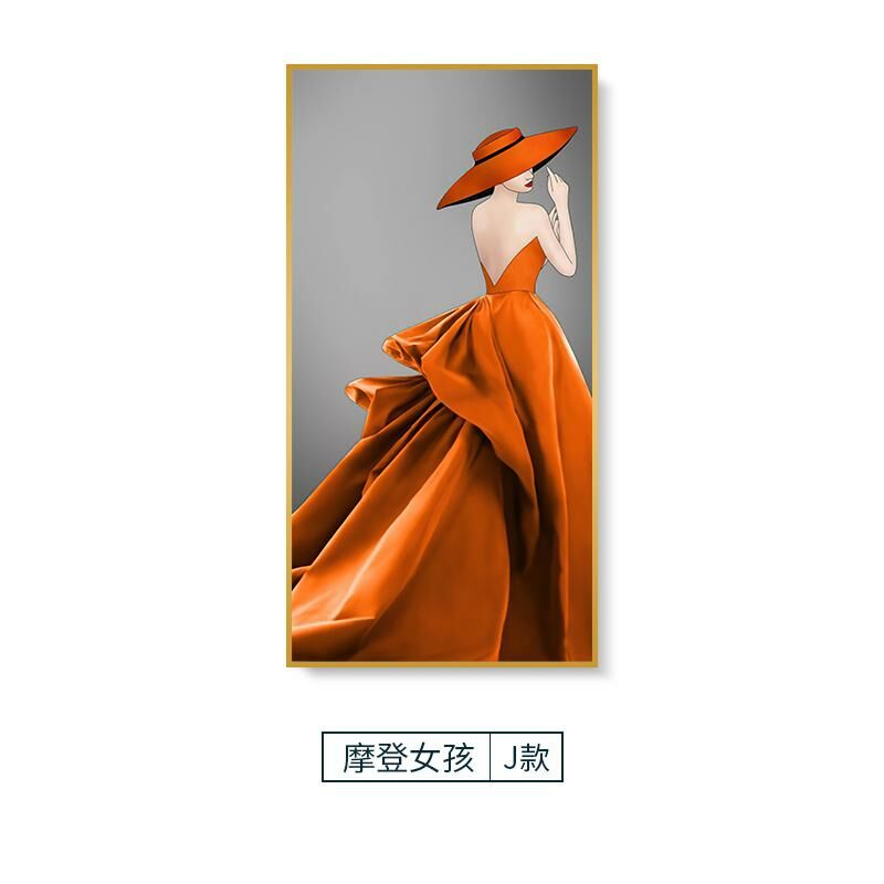 熱推現代輕奢壁畫裝飾牆畫(80*120cm 摩登女孩J款 鋁合金拉絲外框【富貴金】)