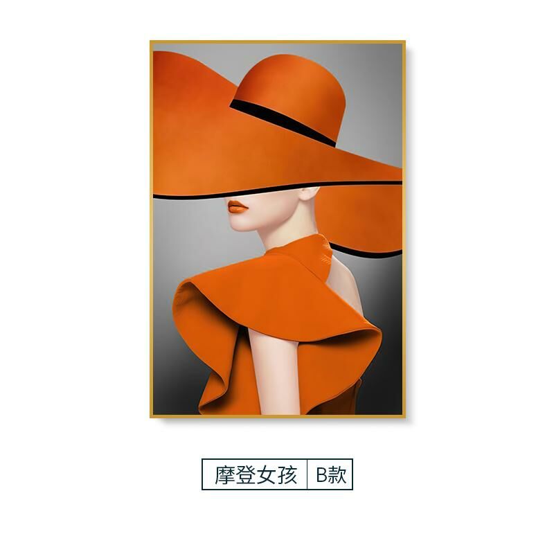 熱推現代輕奢壁畫裝飾牆畫(80*120cm 摩登女孩B款 鋁合金拉絲外框【富貴金】)