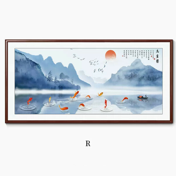 Popular Nine Fish Decorative Painting [R Style] Size [120*60cm [Framed Size] Frame Type [Boxwood Walnut Color Frame]