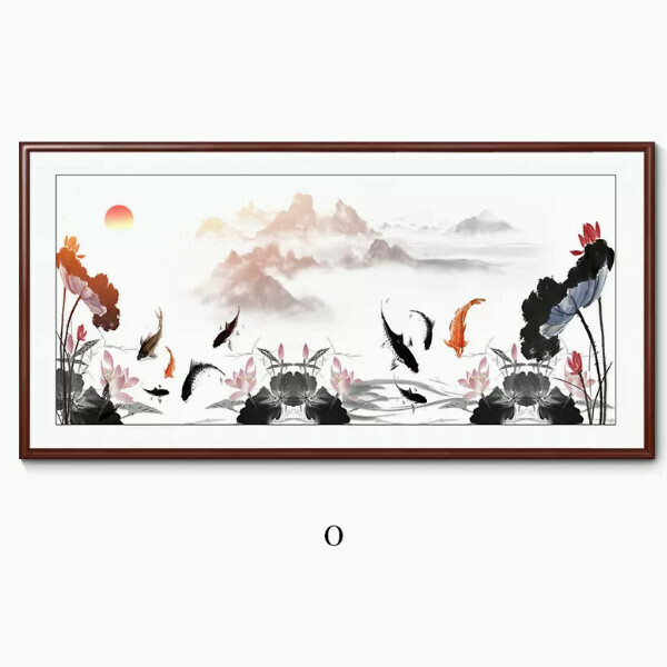 爆款九魚圖裝飾畫【O款】尺寸【180*90cm【帶框尺寸】外框類型【黃楊胡桃木色外框】