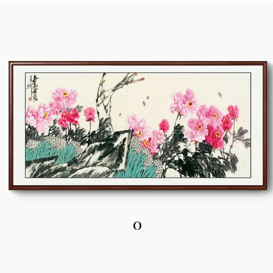 Hot style peony decorative hanging painting [O type] size [140*70CM framed size] frame type [walnut color frame]