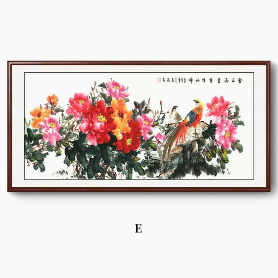 Hot style peony decorative hanging picture [E type] size [180*90CM framed size] frame type [walnut color frame]