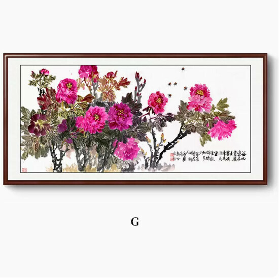 Popular Peony Decorative Hanging Picture [G Style] Size [200*100CM framed size] Frame Type [Walnut Color Frame]