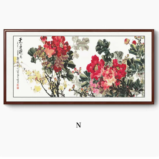 Hot style peony decorative hanging painting [N type] size [200*100CM framed size] frame type [walnut color frame]