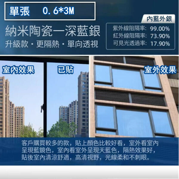 熱推（0.7*3M）自粘隔熱膜 防曬玻璃貼紙 窗紗 遮陽貼膜（納米陶瓷層-深藍銀）