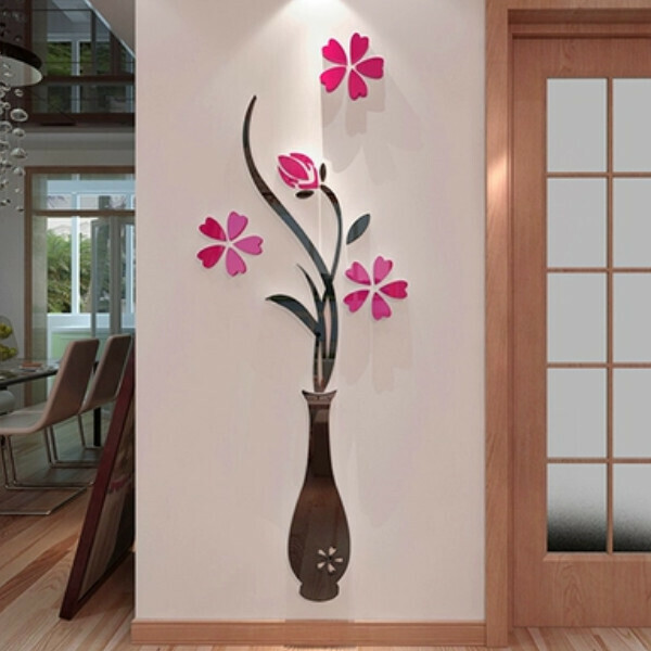新款花瓶亞克力3d立體牆貼【黑瓶+玫紅花 款2】尺寸【大】