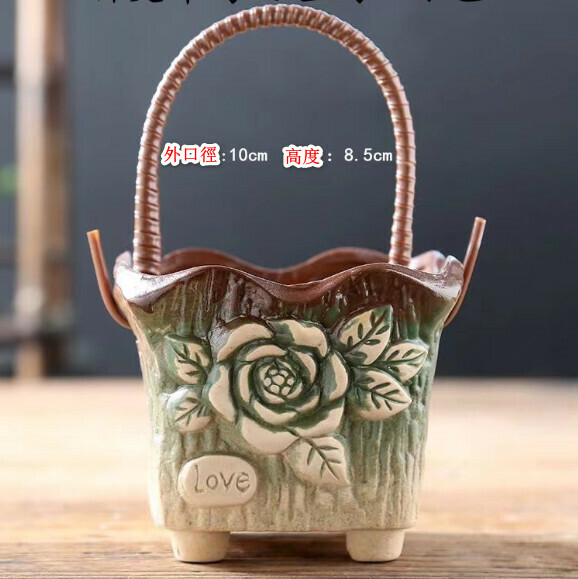 Popular ceramic hand basket flower pot [square hand basket-green]