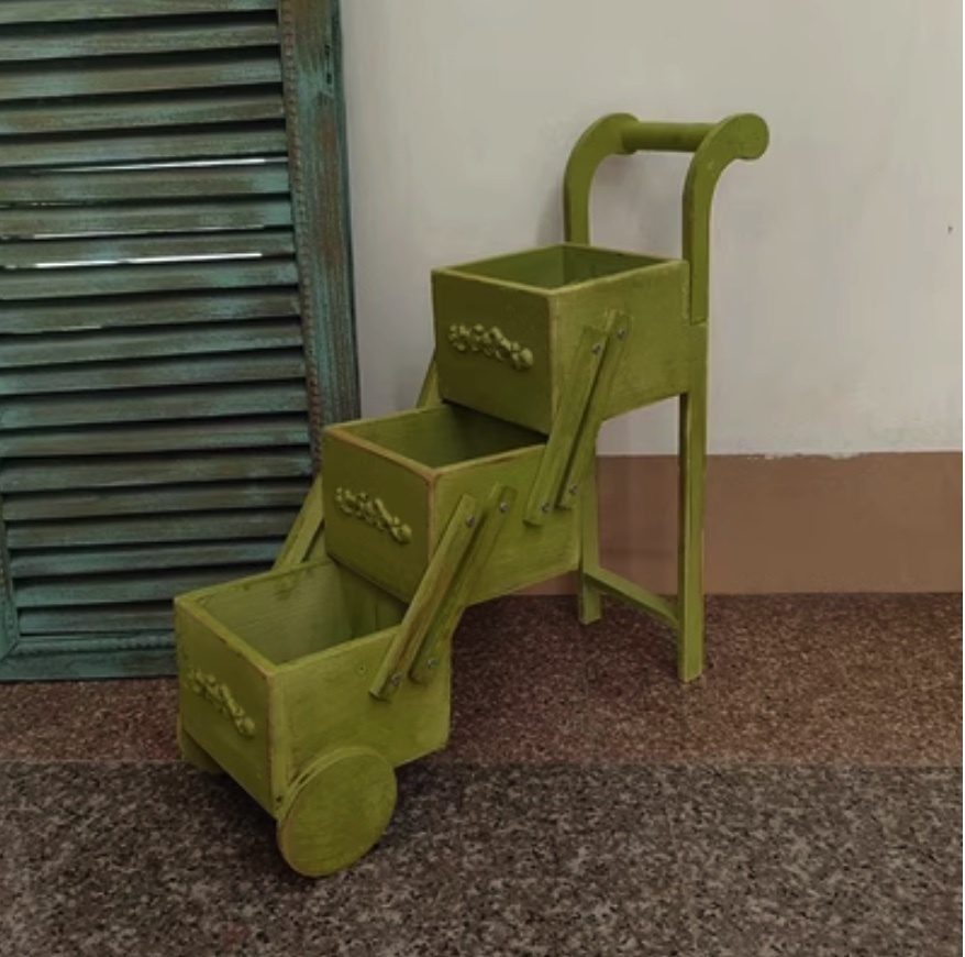 Popular distressed solid wood mini trolley garden flower pot (military green)