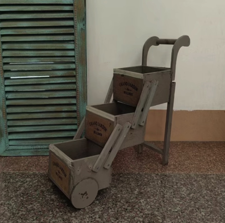 Popular distressed solid wood mini trolley garden flower pot (cement gray)