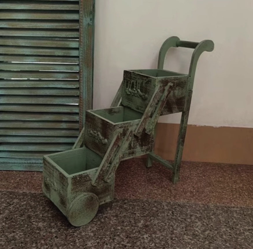 Popular distressed solid wood mini trolley garden flower pot (mint green)