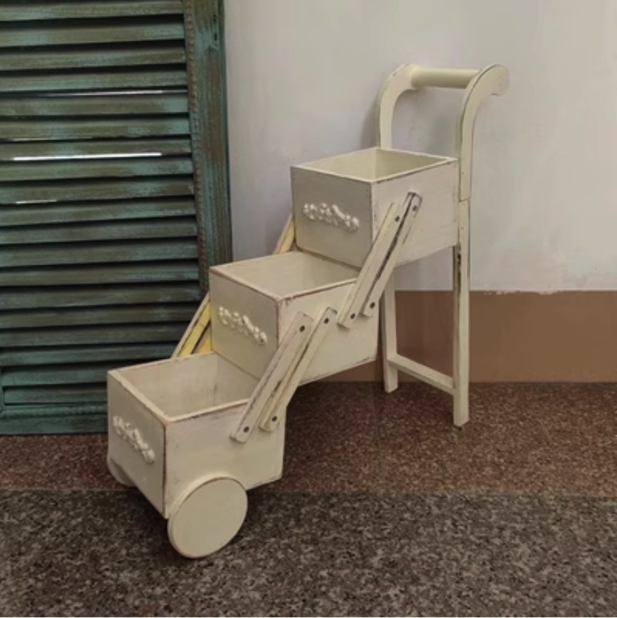 Popular distressed solid wood mini trolley garden flower pot (off-white)