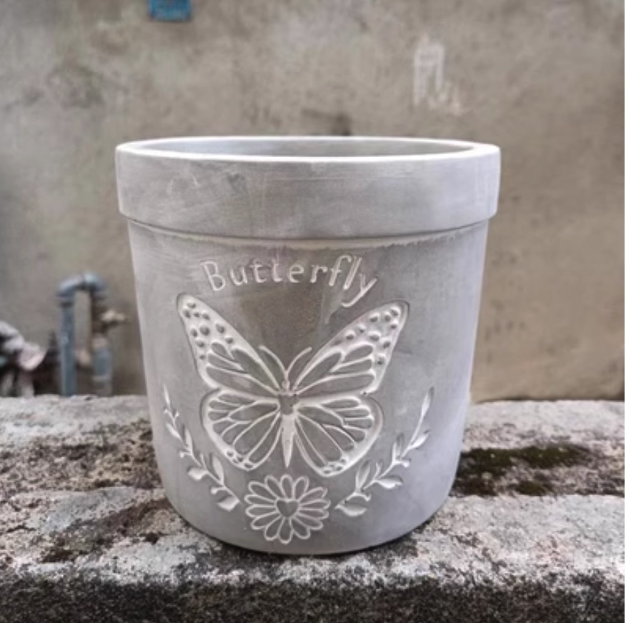 Popular creative insect cement flower pot (light gray-butterfly large)