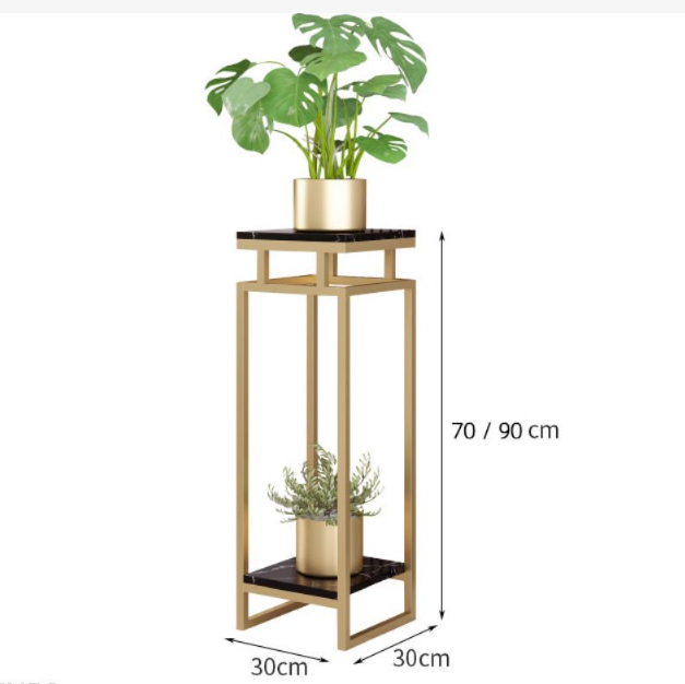 新款鐵藝落地式花架陽臺裝潢花架置物架（金架+黑色大理石，30*30*90cm)