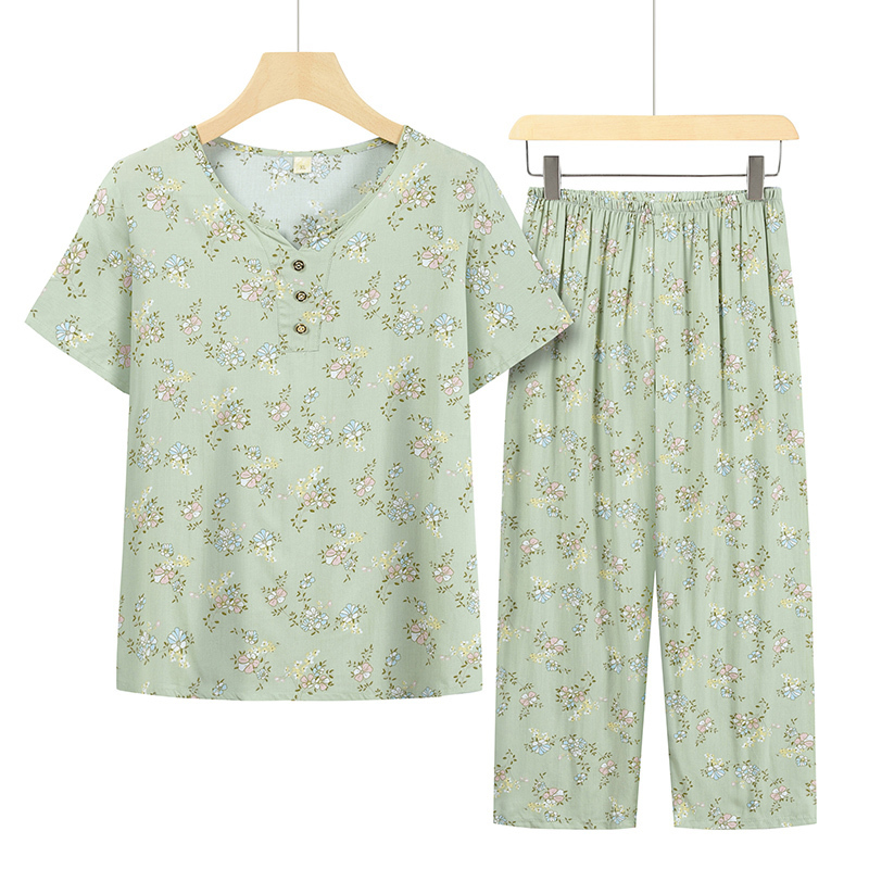 Seniors Short Sleeve Set (XL-4XL Light Green Lucky Flower) [Please contact customer service to confirm the shipping size after placing an order]