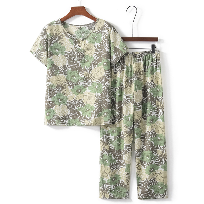 Seniors short-sleeved suit (XL-4XL green leaf) [Please contact customer service to confirm the shipping size after placing an order]