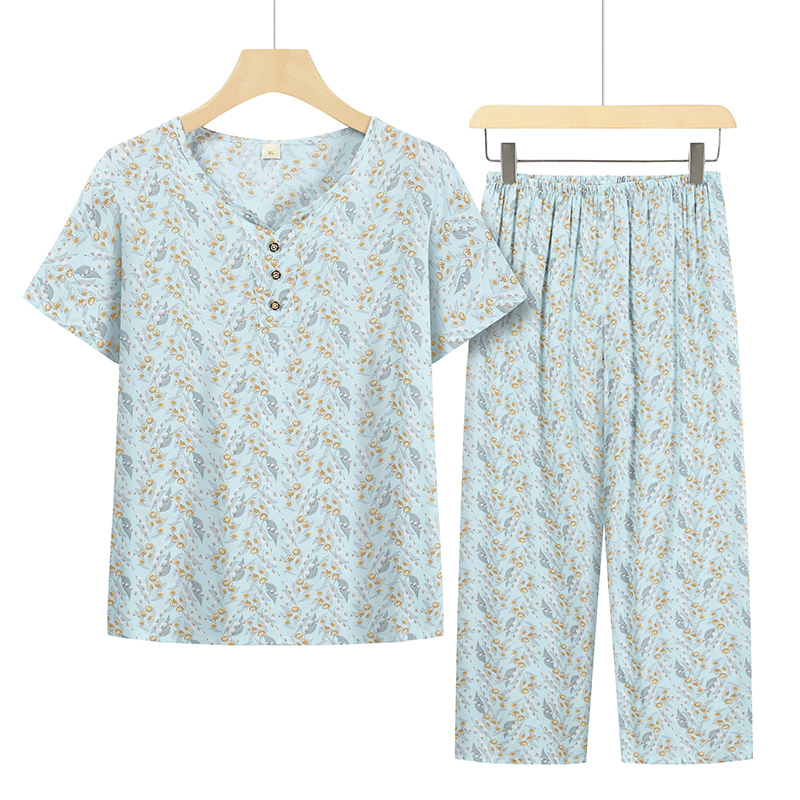 Seniors Short Sleeve Set (XL-4XL Light Blue Leaf Floret) [Please contact customer service to confirm the shipping size after placing an order]