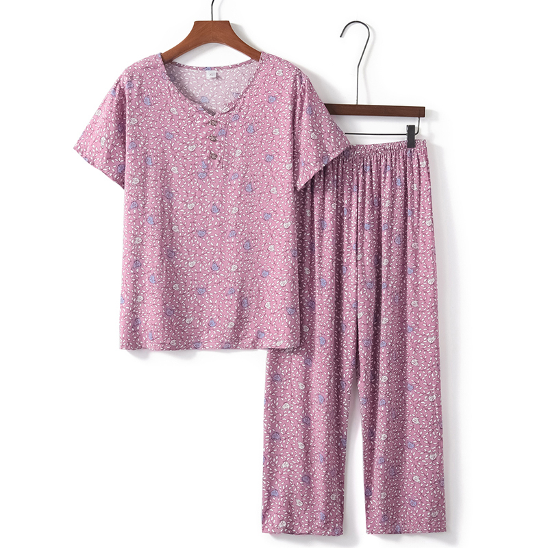 Elderly short-sleeved suit (XL-4XL light purple small flowers) [After placing an order, please contact customer service to confirm the shipping size]