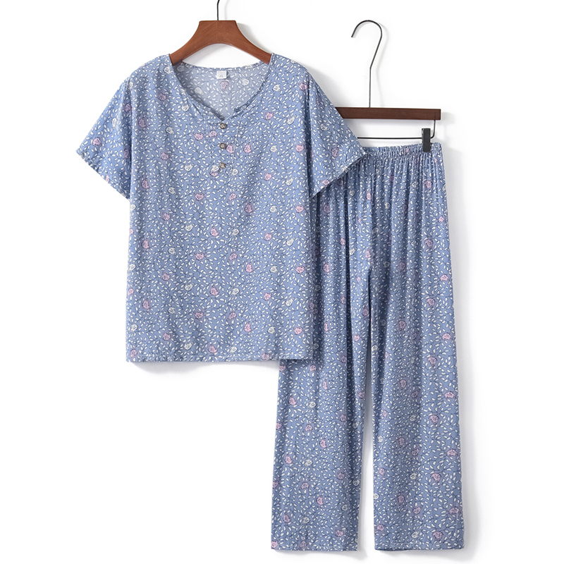 Elderly short-sleeved suit (XL-4XL light blue small flowers) [After placing an order, please contact customer service to confirm the shipping size]