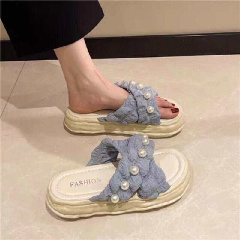 Hotly recommended outdoor slippers [3cm thick-soled pearl/blue size 36-41] [contact customer service after placing order to confirm delivery size]