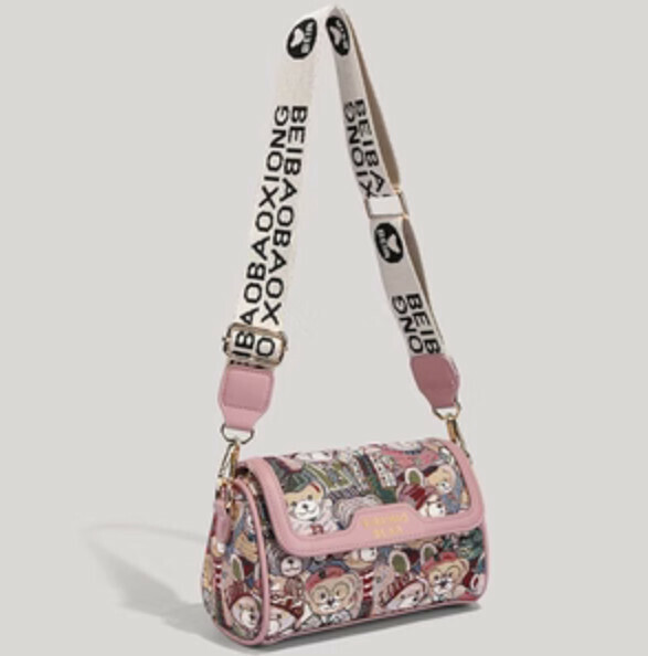 Popular canvas printed bear crossbody bag (pink)