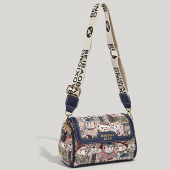 Popular canvas printed bear crossbody bag (navy blue)