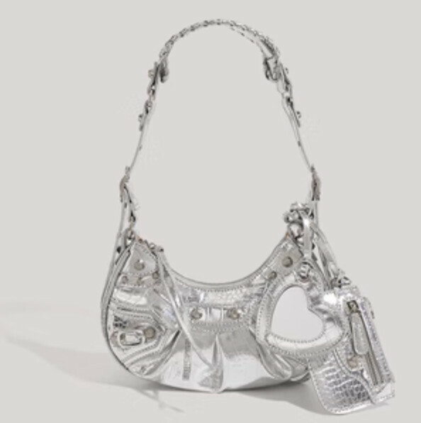 Hot Push Rivet Tassel Crescent Crossbody Bag (Silver)