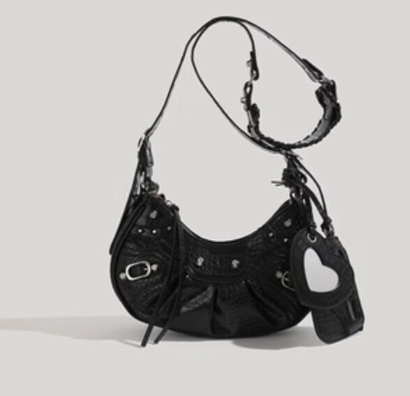 Hot Studded Tassel Crescent Crossbody Bag (Black)