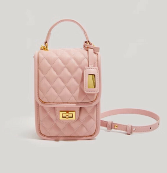 Popular pu leather rhombus chain shoulder crossbody bag (pink)