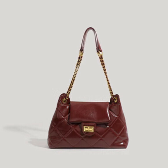 Popular pu leather rhombus chain shoulder tote bag (burgundy)