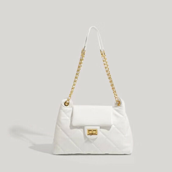Popular pu leather rhombus chain shoulder tote bag (white)