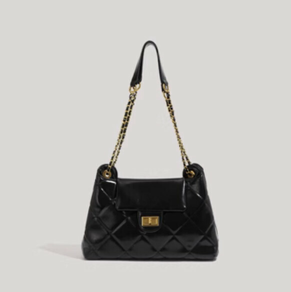 Popular pu leather rhombus chain shoulder tote bag (black)