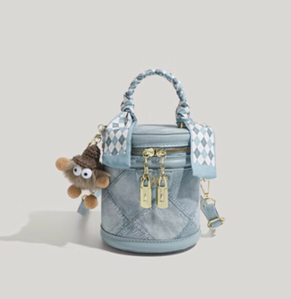 Popular pu leather shoulder bucket crossbody bag (blue)
