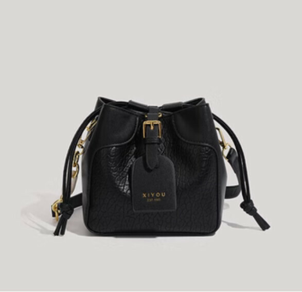 Popular pu leather large-capacity shoulder bucket crossbody bag (black)