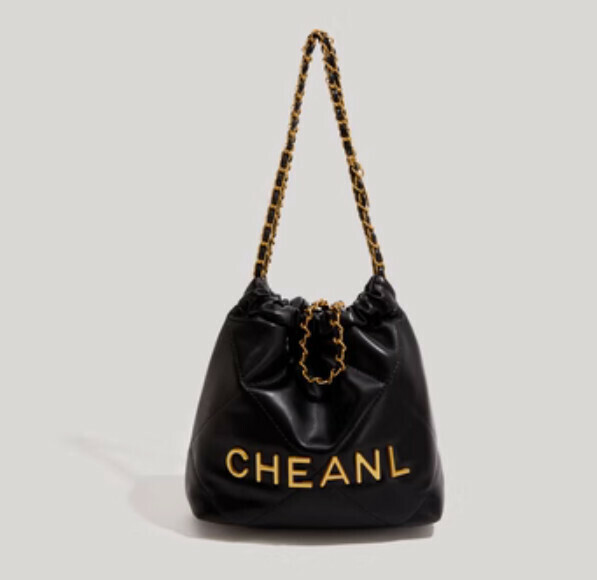 Popular small fragrant style rhombus chain pu leather bucket bag (gold hardware black)