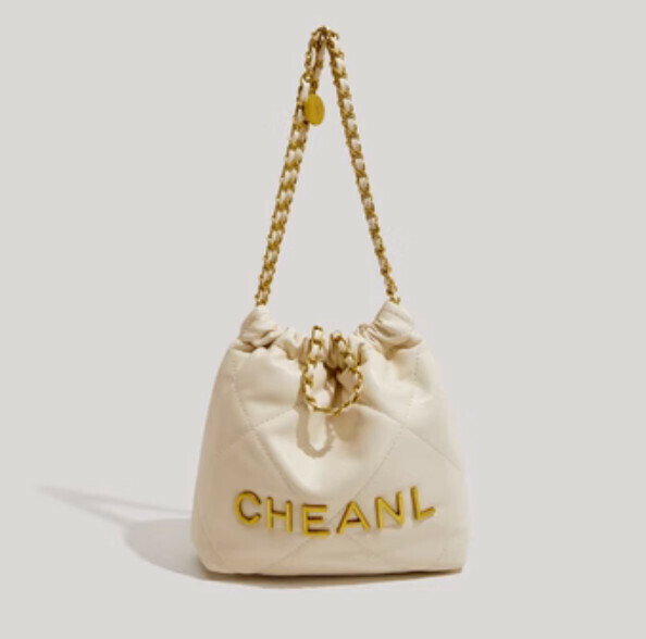 Popular small fragrant style rhombus chain pu leather bucket bag (white)